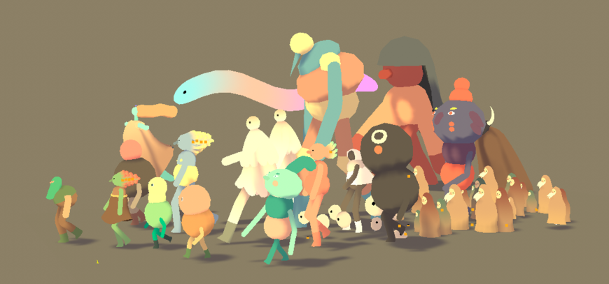 IMAGE: Screenshot -- characters walking in group, brown bg