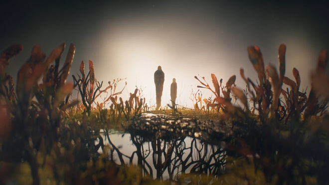 IMAGE: Still showing 2 figures from The Last of Us (Season 1, Episode 1) main title sequence